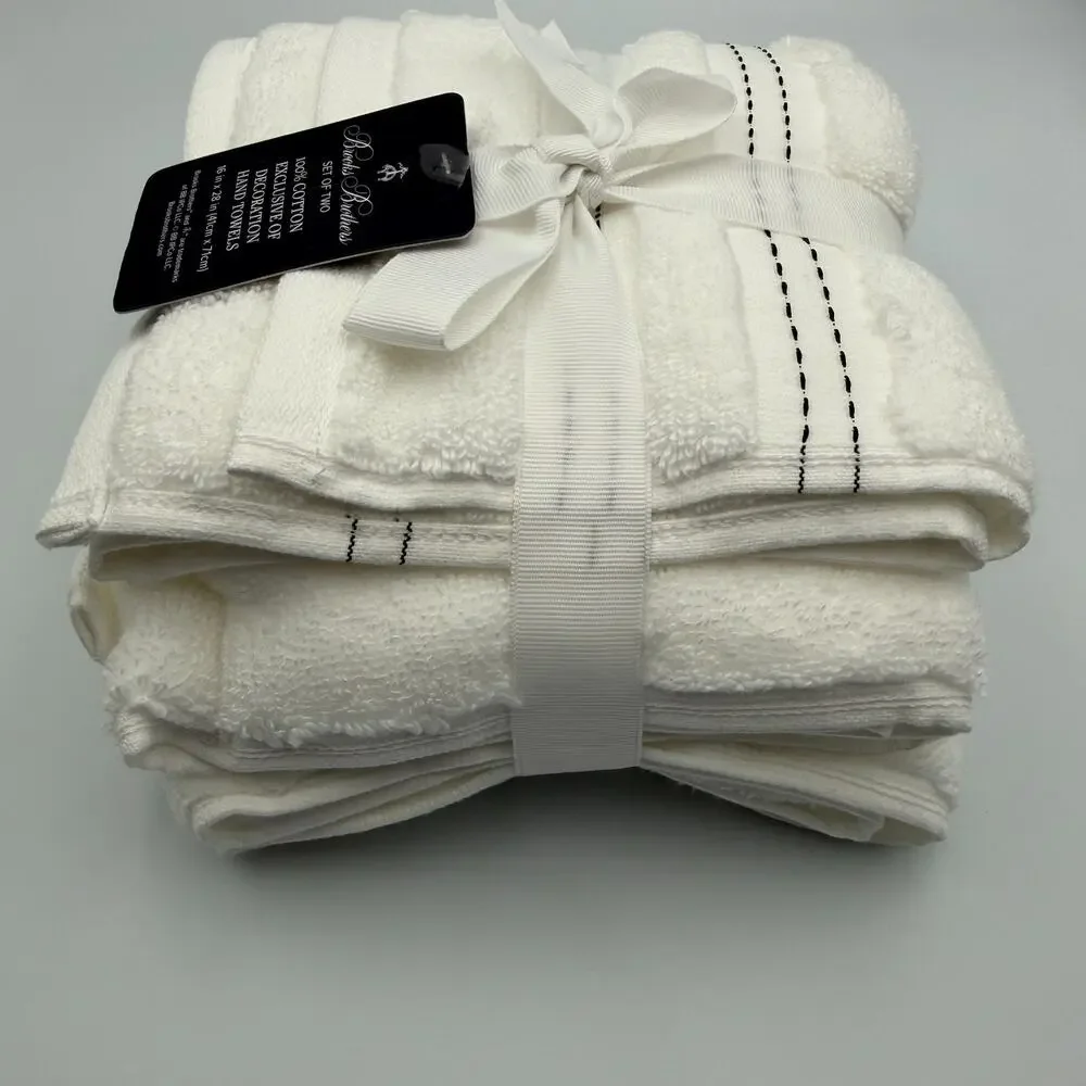 Brooks Brothers 100% Cotton Hand Towel Set 2 White Black Stitch 16x28